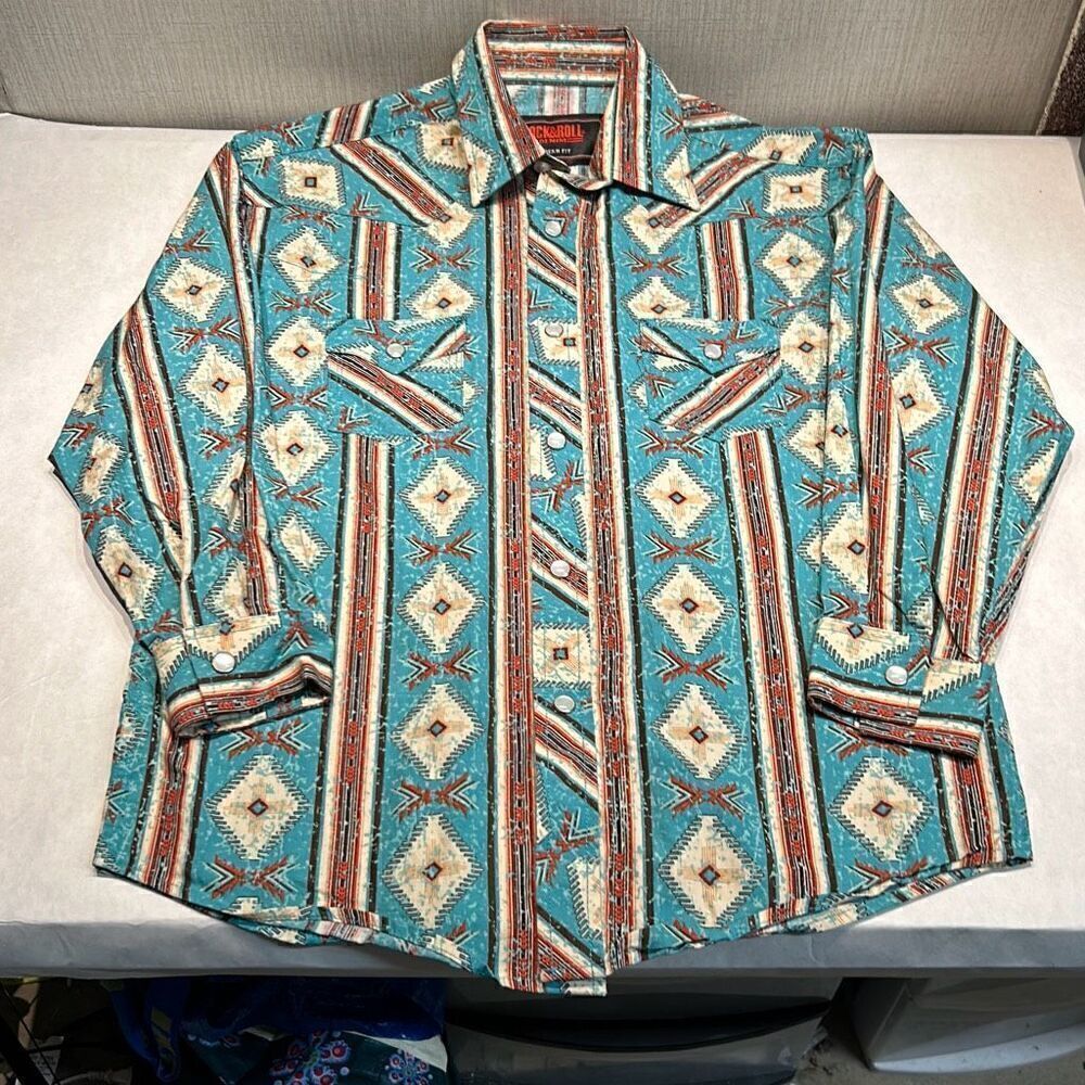Rock & Roll Denim Boys Snap Button Down Shirt Size Medium Long Sleeve Southwest